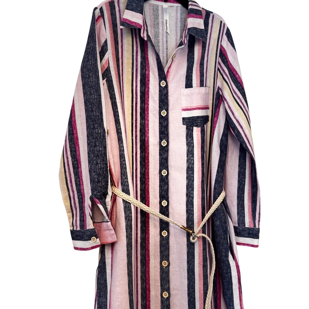 NY Collection Linen Blend Striped Midi Shirt Dress Pink Navy Yellow LND9001 - Picture 3 of 8
